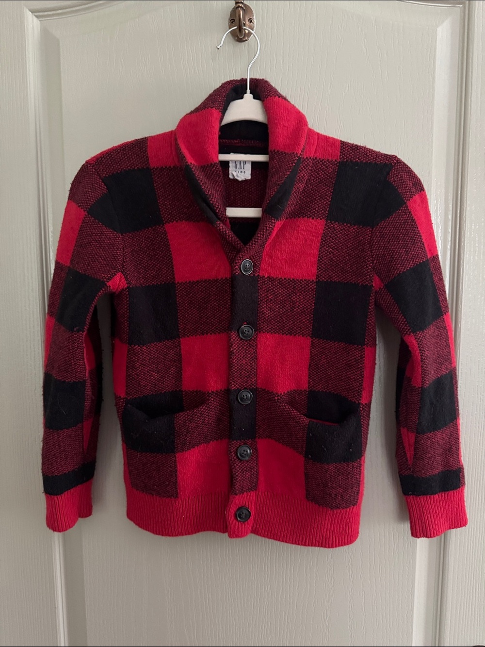 Gap Kids Red & Black Buffalo Check Shawl Collar Cardigan Sweater